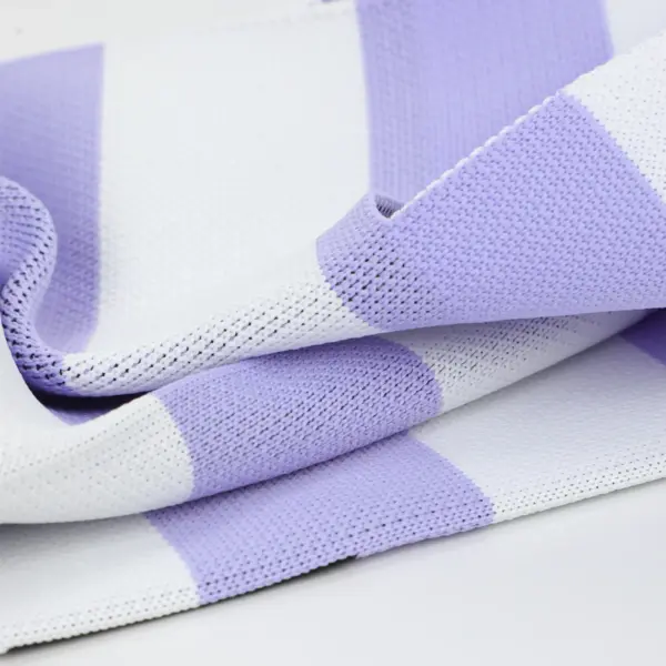 Close-up of breathable lavender and white striped knit fabric showing the woven mesh texture.