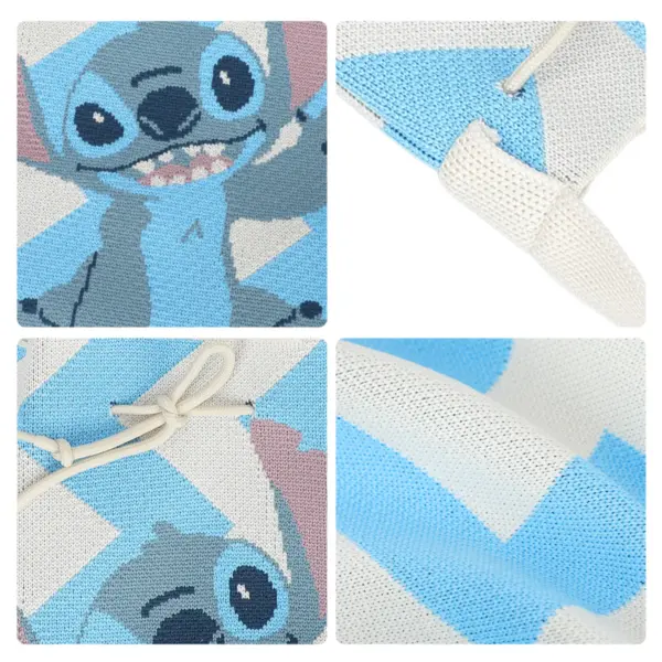 Close-up details of the woven polyester fabric, Stitch face pattern, drawstring knot, and strap attachment.