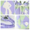 Close-up collage showing the intarsia knit Buzz silhouette, argyle pattern, drawstring knot, and branded strap.