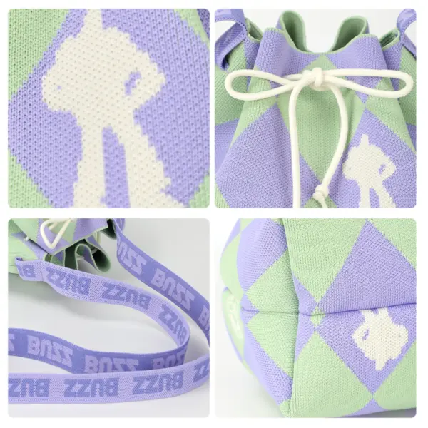 Close-up collage showing the intarsia knit Buzz silhouette, argyle pattern, drawstring knot, and branded strap.