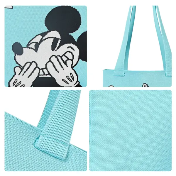 Collage showing close-ups of the intarsia knit Mickey face, strap attachment, and breathable mesh fabric texture.