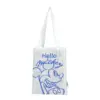 Front view of a white knit tote bag with a blue hand-drawn Mickey Mouse graphic and "Hello Mickey" text.