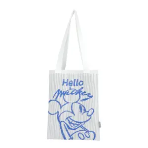 Front view of a white knit tote bag with a blue hand-drawn Mickey Mouse graphic and "Hello Mickey" text.