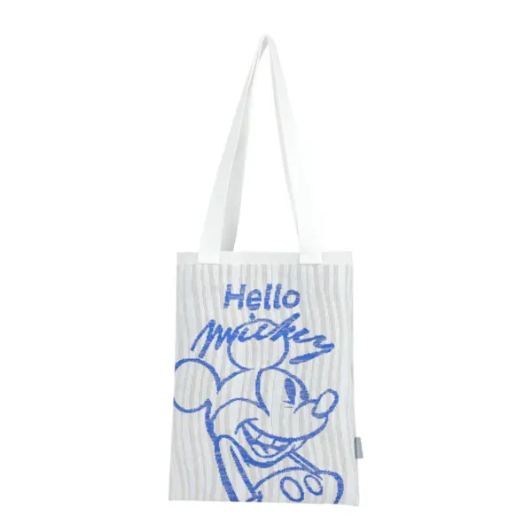 Front view of a white knit tote bag with a blue hand-drawn Mickey Mouse graphic and "Hello Mickey" text.