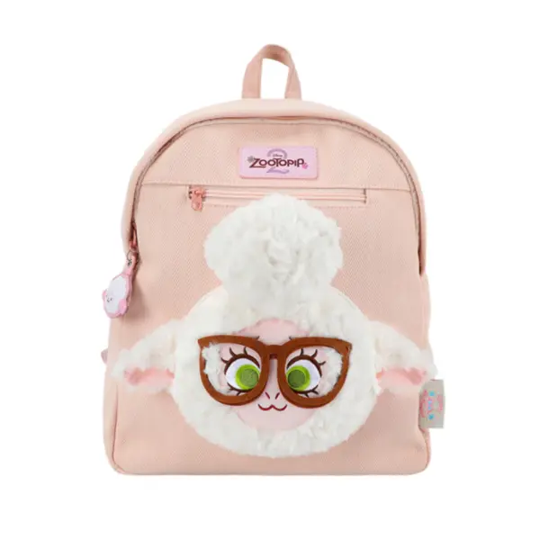 Direct front shot of a light pink herringbone mini backpack featuring a large 3D plush sheep head with curly white wool and black glasses.