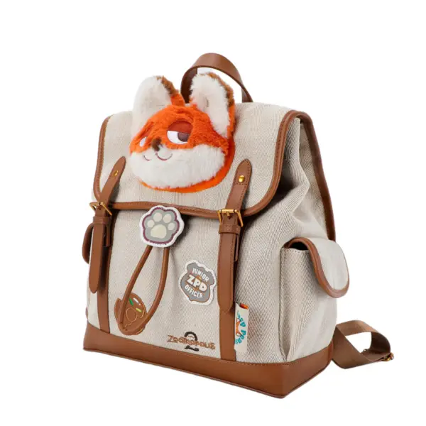 Side angle of a beige herringbone backpack featuring a plush Nick Wilde face, brown leather straps, and ZPD patches.